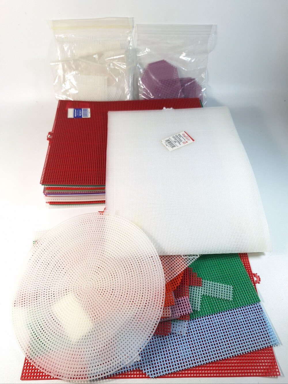 Huge Plastic Canvas Mesh Stash Lot 38 Full Sheets & Assorted Pre-Cut Shapes